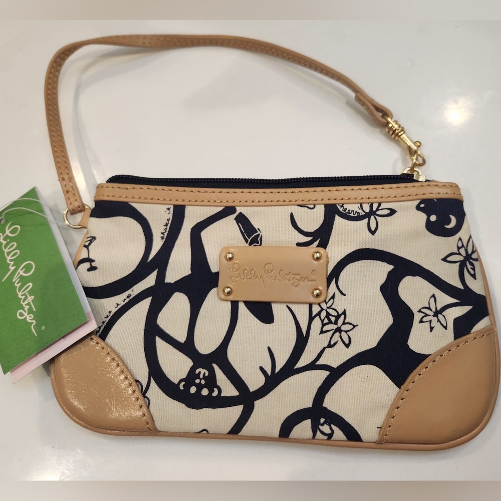 Lilly Pulitzer Grace Wristlet..True Navy Shaken up. Monkeys & Martinis! New!
